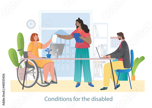 Woman at workplace. Person receives documents. Caring colleagues, inclusive employee, social adaptation concept. Cartoon flat vector illustration isolated on white background