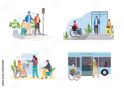 Set of disabled. Collection of pictures with modern technologies. Caring for people with disabilities, inclusion at modern society. Cartoon flat vector illustration isolated on white background