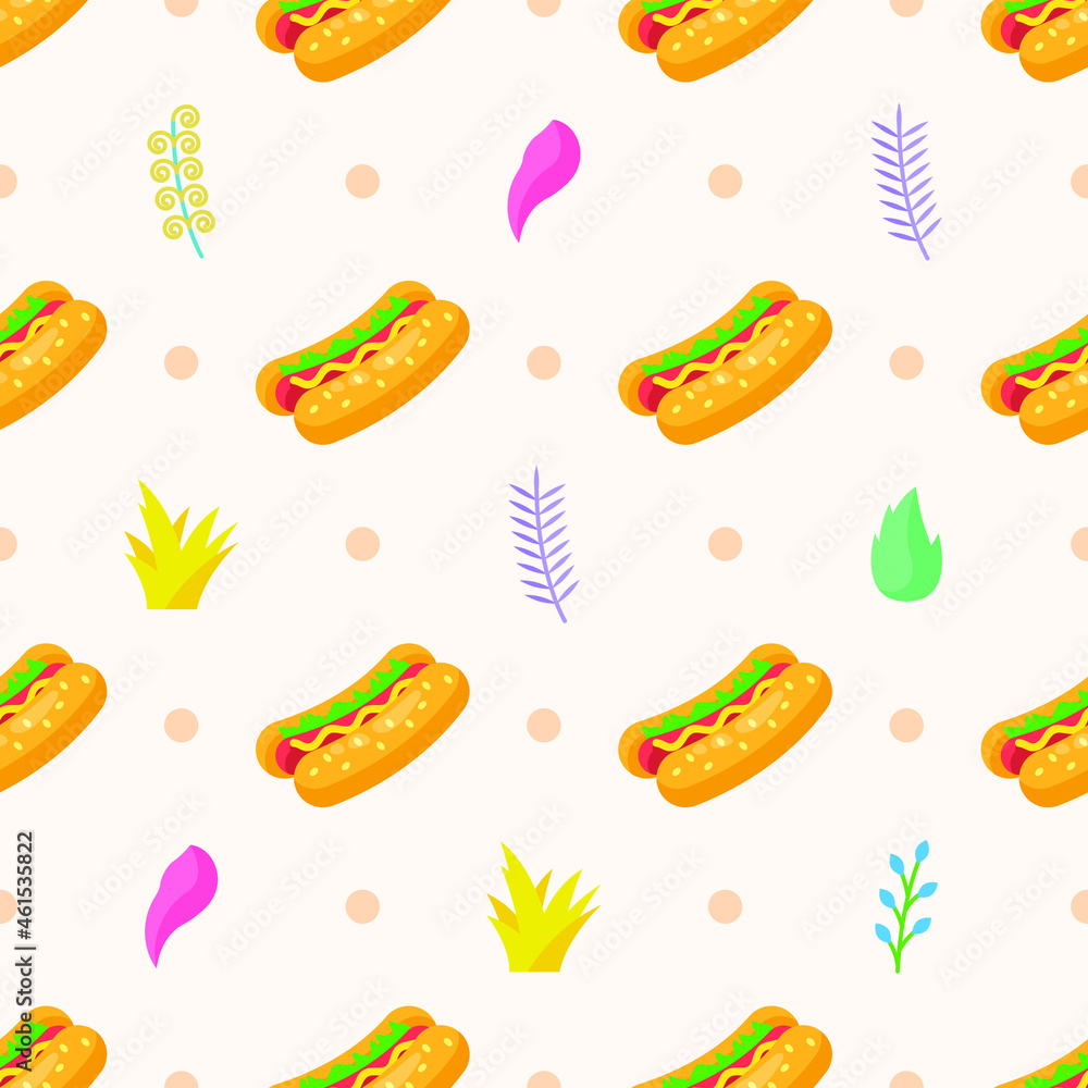 Seamless Pattern Abstract Elements Fast Food HotDog With Leaves Vector Design Style Background Illustration Texture For Prints Textiles, Clothing, Gift Wrap, Wallpaper, Pastel Seamless Pattern Abstract Elements Fast Food HotDog With Leaves Vector Design Style Background Illustration Texture For Prints Textiles, Clothing, Gift Wrap, Wallpaper, Pastel