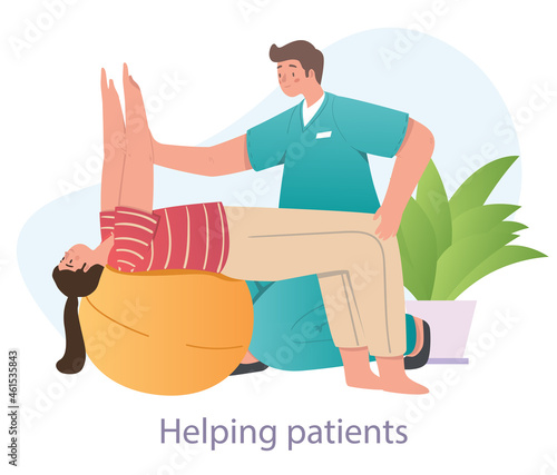 Doctor conducts lesson on fitball. Girl lies on ball, arms outstretched, and man straightens her. Physiotherapist, rehabilitation. Cartoon flat vector illustration isolated on white background