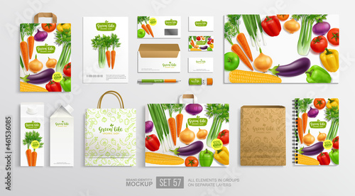 Realistic vegetables with concept of vegetal logo and branding identity mock-up template. Branding identity Mock-Up set Vegetables for Vegan Cafe, restaurant and natural organic food shop
