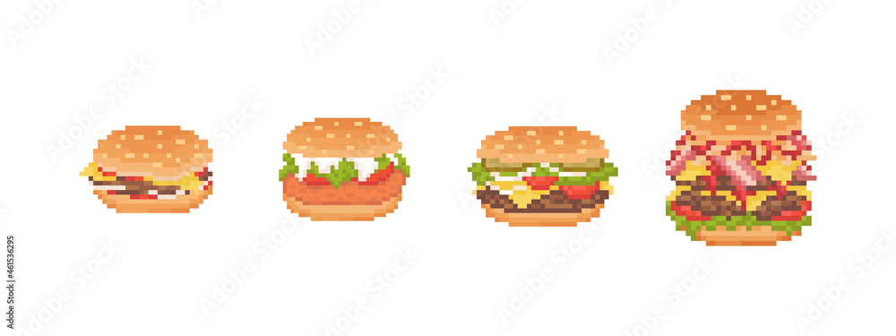 Pixel art burgers set illustrations. 8 bit style retro icons of ...