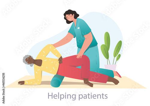 Physiotherapist helping grandmother. Old woman oing yoga, workout, remedial gymnastics. Physiotherapist, rehabilitation, doctor. Cartoon flat vector illustration isolated on white background