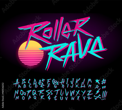 Retro Roller Rave handwritten 80s style type font and vector cyberpunk alphabet. Set for print tee and poster design. Hand drawn lettering. Vector vintage grunge type font photo