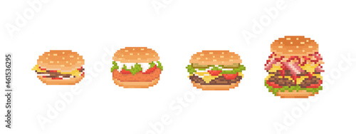 Pixel art burgers set illustrations. 8 bit style retro icons of hamburger  mega burger  cheeseburger and chicken burger. Vector fast food symbols for game  decoration  sticker or web. 