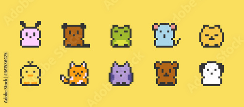 Pixel art animals icons Collection. 8 bit retro style illustration set of rabbit, bear, frog, mouse, chicken, cat, duck, fox, owl, dog. Best for mobile game design, decoration, stickers. photo