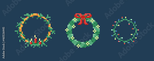 Pixel art Christmas wreath. Set of adorable 8 bit style Christmas wreaths. Vector video game high quality elements for decoration. Retro design of Christmas wreath isolated icons.