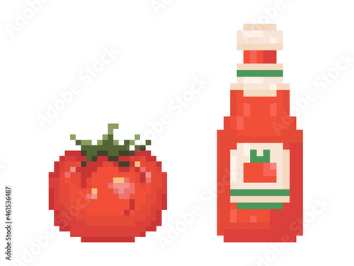 Pixel art tomato and bottle of ketchup illustrations. 8 bit style retro icons of red tomato and ketchup. Vector tomato ketchup for game, decoration, sticker or web.   © Takoyaki Shop