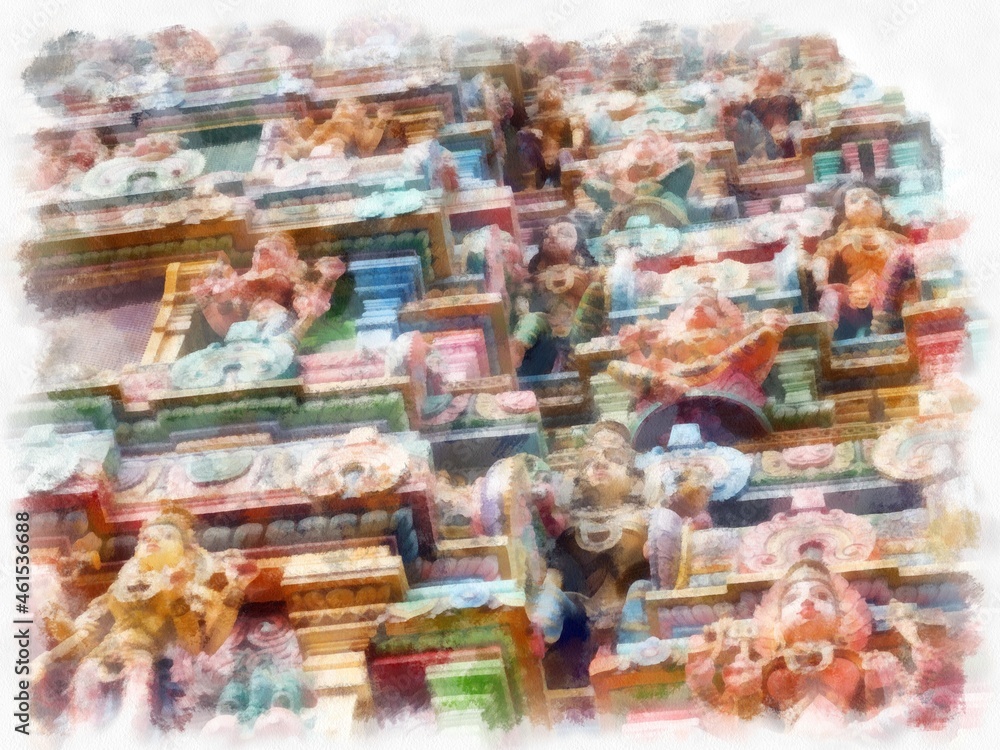 ancient hindu temple watercolor style illustration impressionist painting.