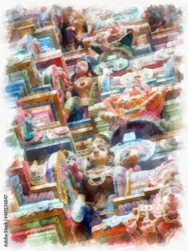ancient hindu temple watercolor style illustration impressionist painting. © Kittipong