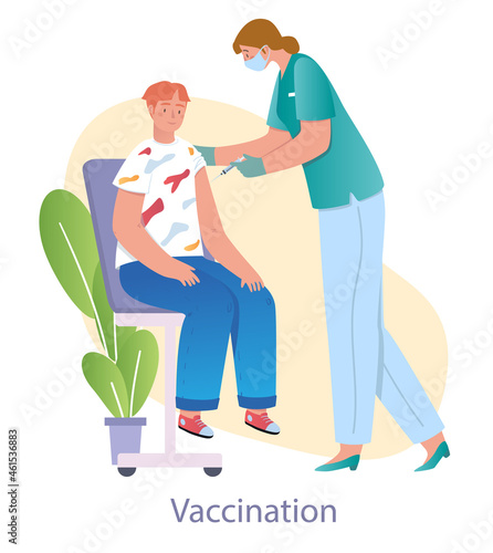 Doctor vaccinates kid. Teenager came to clinic for vaccination, coronavirus.