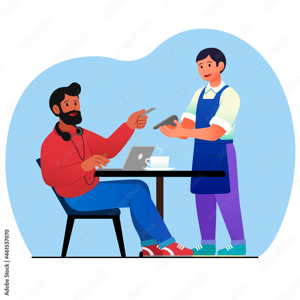 Man pays with card in cafe. Human uses noncash payment, waiter holds terminal in his hand. Modern technologies, ewallet, wire transfer. Cartoon flat vector illustration isolated on white background