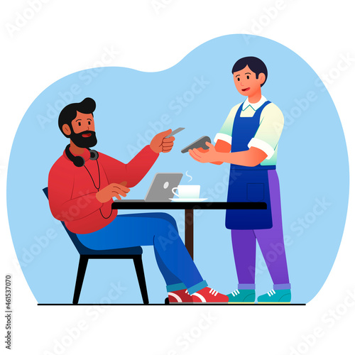 Man pays with card in cafe. Human uses noncash payment, waiter holds terminal in his hand. Modern technologies, ewallet, wire transfer. Cartoon flat vector illustration isolated on white background photo