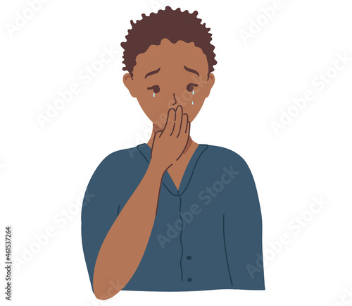 Miserable dejected African American woman cries after breakdown, recalls unhappy memory, covers mouth, expresses negative emotions, being under pressure