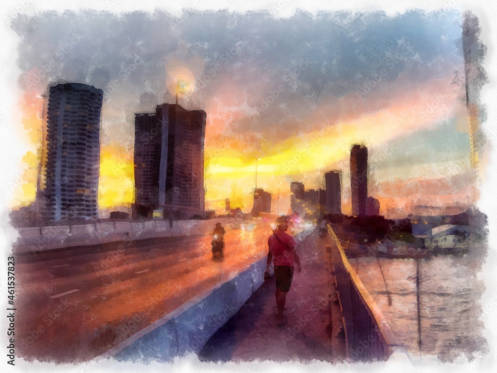 city and river landscape at sunset watercolor style illustration impressionist painting.