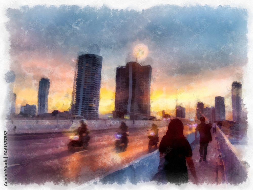 city and river landscape at sunset watercolor style illustration impressionist painting.