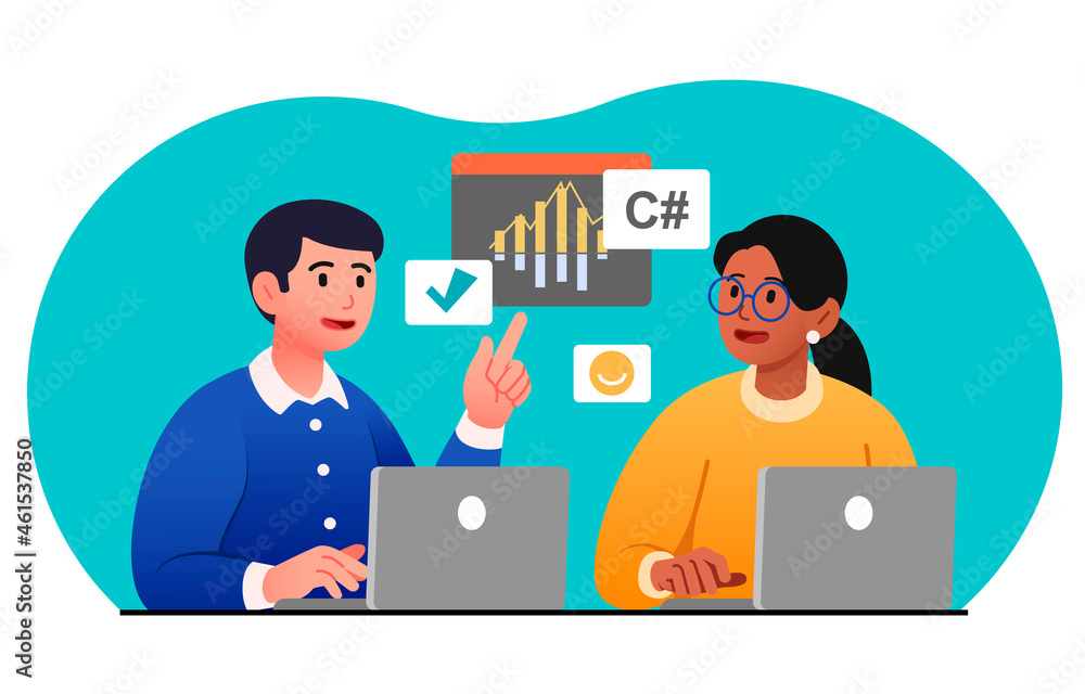 Programmers working on laptop. Man and woman discussing project, colleagues. Application and program development. Employees of company. Cartoon flat vector illustration isolated on white background Programmers working on laptop. Man and woman discussing project, colleagues. Application and program development. Employees of company. Cartoon flat vector illustration isolated on white background
