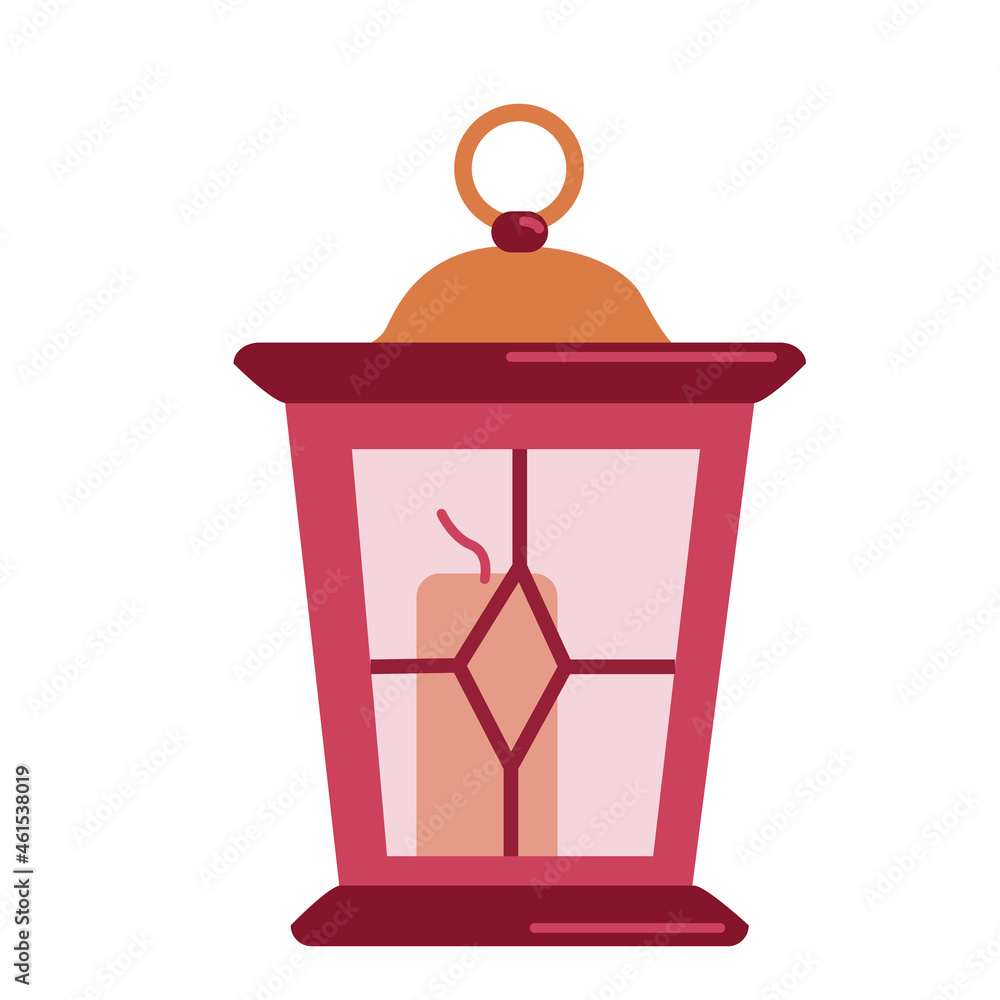 One red street lamp with a candle inside. Vector illustration in flat style on a white background One red street lamp with a candle inside. Vector illustration in flat style on a white background