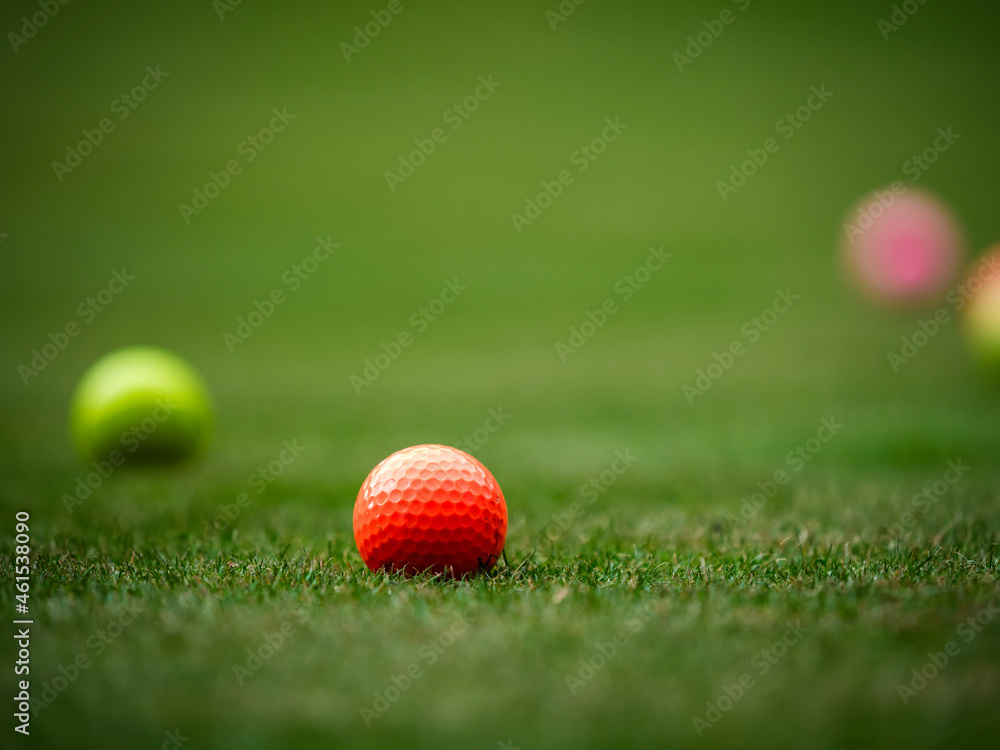 Naklejka premium Multi-colored golf balls on green grass. Golf Club. Sports and recreation.