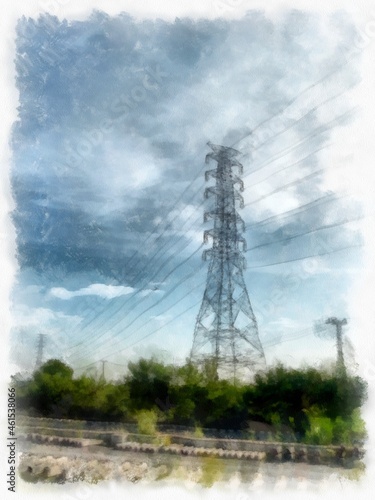 landscape of high voltage poles watercolor style illustration impressionist painting.