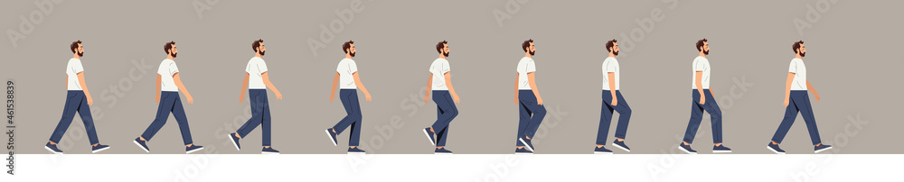 Set of human walk. Man walks, many frames, images for creating animation. Pictures repeating in a circle, constant movement, proplr. Cartoon flat vector illustration isolated on white background