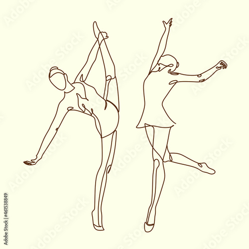 Single continuous line drawing of young beauty professional gymnast girl perform floor exercise. Rhythmic gymnastic training and stretching concept. Trendy one line draw design vector illustration