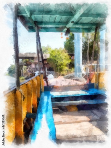 The landscape of a wooden ferry in Thailand watercolor style illustration impressionist painting. © Kittipong