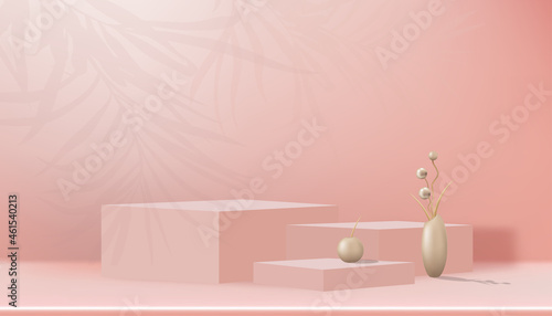 Studio room with rose gold flower bud in vase on cubes box stand and palm leaves on wall background, Gallery room with minimal stands display. Vector 3D scene composition for product presentation