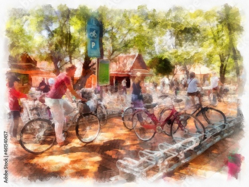 Bicycle parking lot in the park  watercolor style illustration impressionist painting. © Kittipong