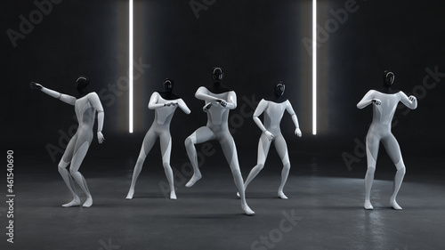 Party at the robots of androids. Dancing together. 3d illustration