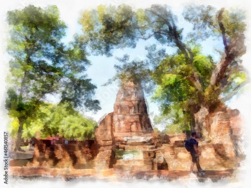 Ancient ruins in Ayutthaya Thailand watercolor style illustration impressionist painting.