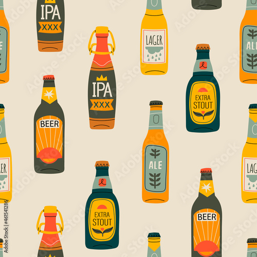 Various green, brown, yellow glass Beer bottles. Different beer types, labels. Hand drawn trendy Vector illustration. Square seamless Pattern. Brewery concept. Design elements for restaurant, pub