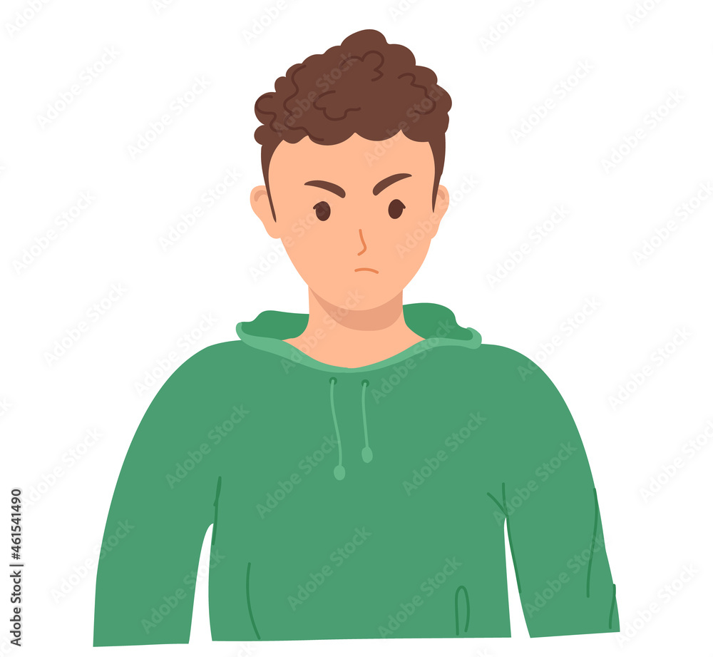 Angry emotions on the young man's face. Vector illustration of a student or teenager isolated on a white background