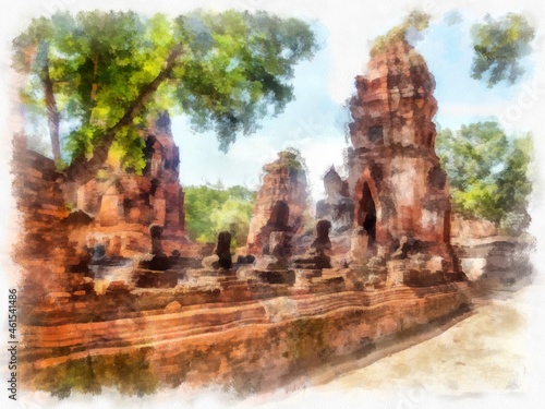 Ancient ruins in Ayutthaya Thailand watercolor style illustration impressionist painting.