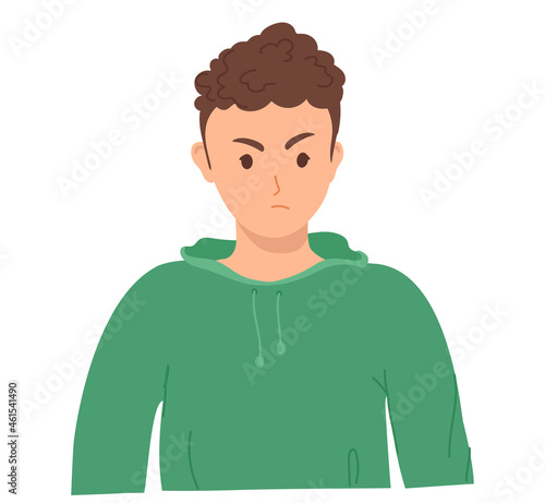 Angry emotions on the young man's face. Vector illustration of a student or teenager isolated on a white background