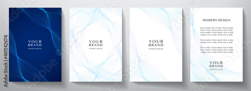 Contemporary technology cover design set. Luxury background with blue line pattern (guilloche curves). Premium vector tech backdrop for business layout, digital certificate, formal brochure template