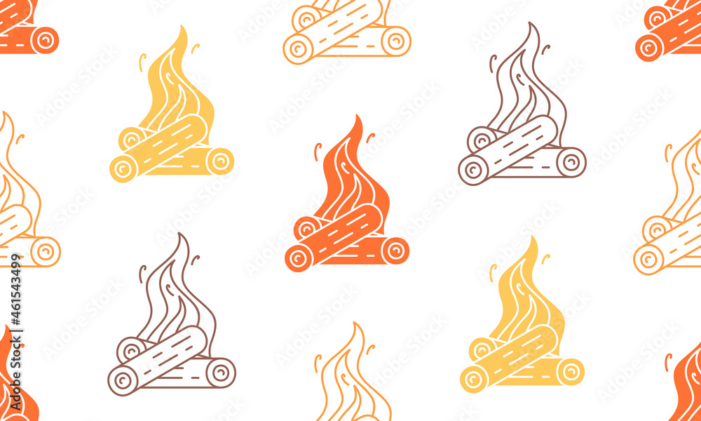 Obraz premium Seamless pattern with Burning bonfire. Fire wood and campfire. flat style