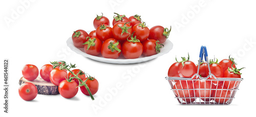 Fototapeta Naklejka Na Ścianę i Meble -   branch of red tomatoes on wooden board in plate and in classic basket on white background