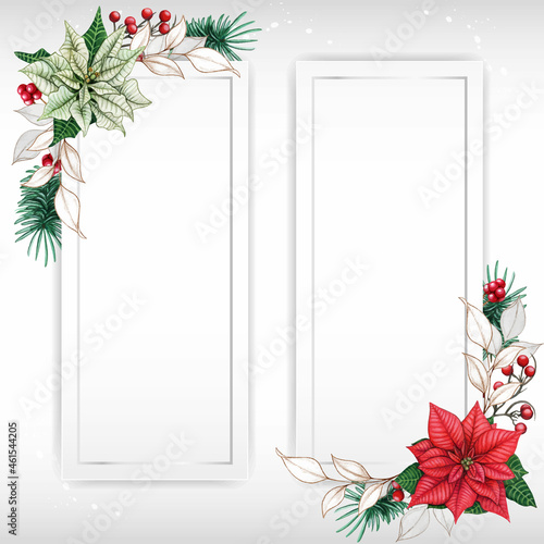Watercolor greeting card with poinsettia and white leaves