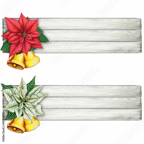 Watercolor hand drawn poinsettia text space on shabby wooden sign