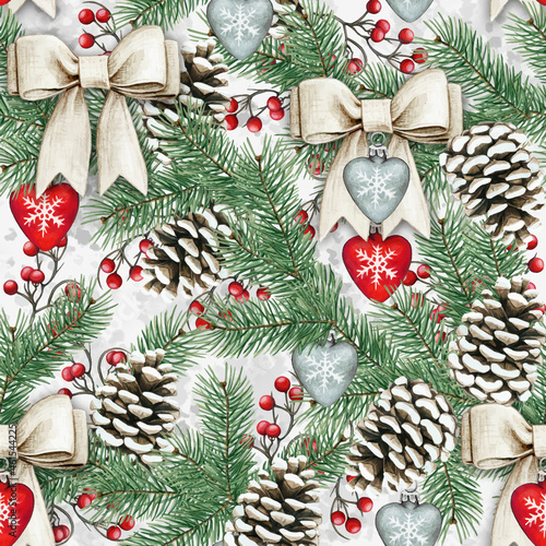 Watercolor shabby seamless pattern with pinecones, bows and hearts