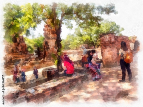 Ancient ruins in Ayutthaya Thailand watercolor style illustration impressionist painting. © Kittipong