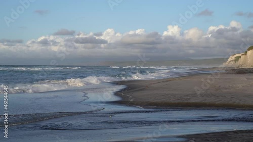 Russia, Kuril Islands, Iturup Island, White rocks on the coast of the Sea of Okhotsk. Aerial view.