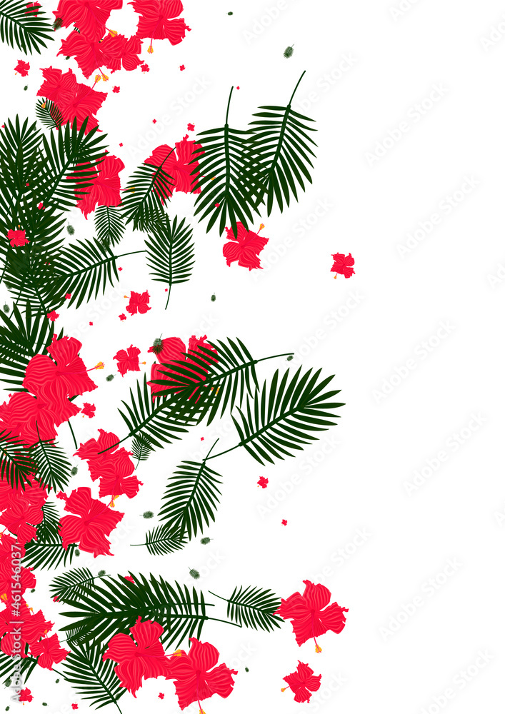 Naklejka premium Green Leaves Background White Vector. Palm Drawing Card. Yellow Flower. Jungle Illustration. Orange Retro Frame.