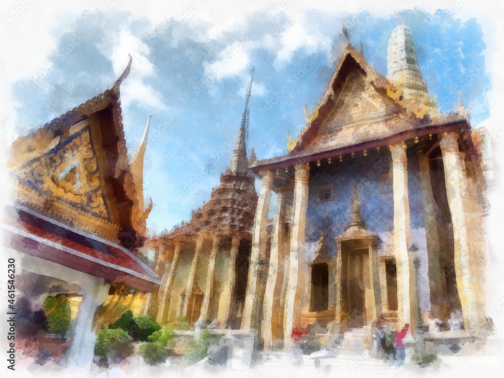 Bangkok Grand Palace watercolor style illustration impressionist painting.