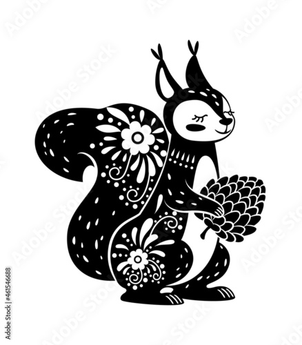 Squirrel animal drawn in boho style black. Vector black squirrel boho illustration, drawing cartoon forest doodle animal