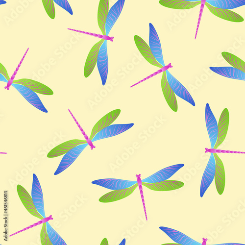 Dragonfly bright seamless pattern. Summer dress fabric print with damselfly insects. Garden water