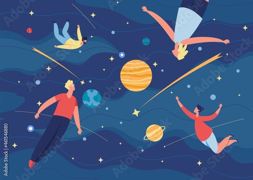 People flying in space, characters floating in zero gravity. Men and women fly in dreams, imagination, creative exploration vector illustration. Cosmos journey or astronomic adventures