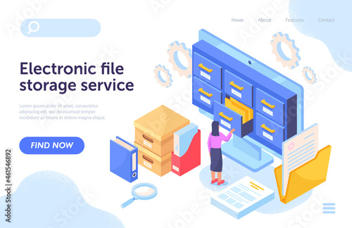File storage concept. Girl works in archive. Analysis of statistics, information storage. Servers, cabinet full od documents, laptop. Cartoon flat vector illustration isolated on white background