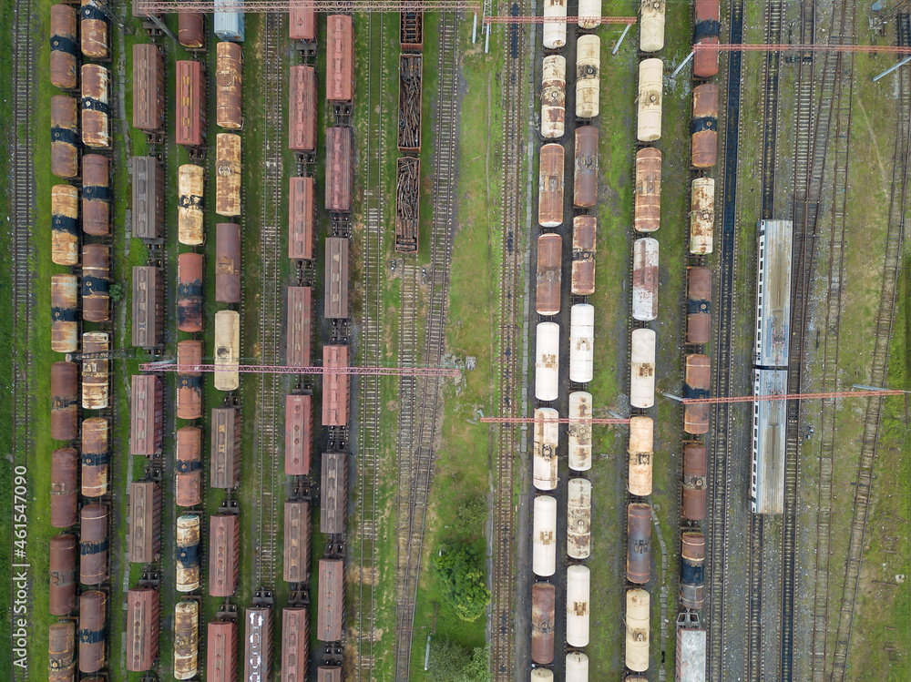 Drone view of railway trains in Batumi on a summer day, top view Drone view of railway trains in Batumi on a summer day, top view